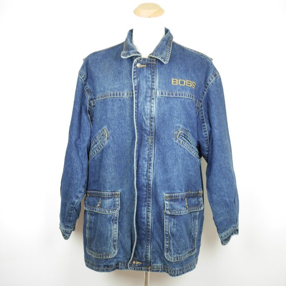 Vtg HUGO BOSS Men's L - Blue jean denim coat heavy lined warm jacket Boss Jeans - Picture 1 of 10
